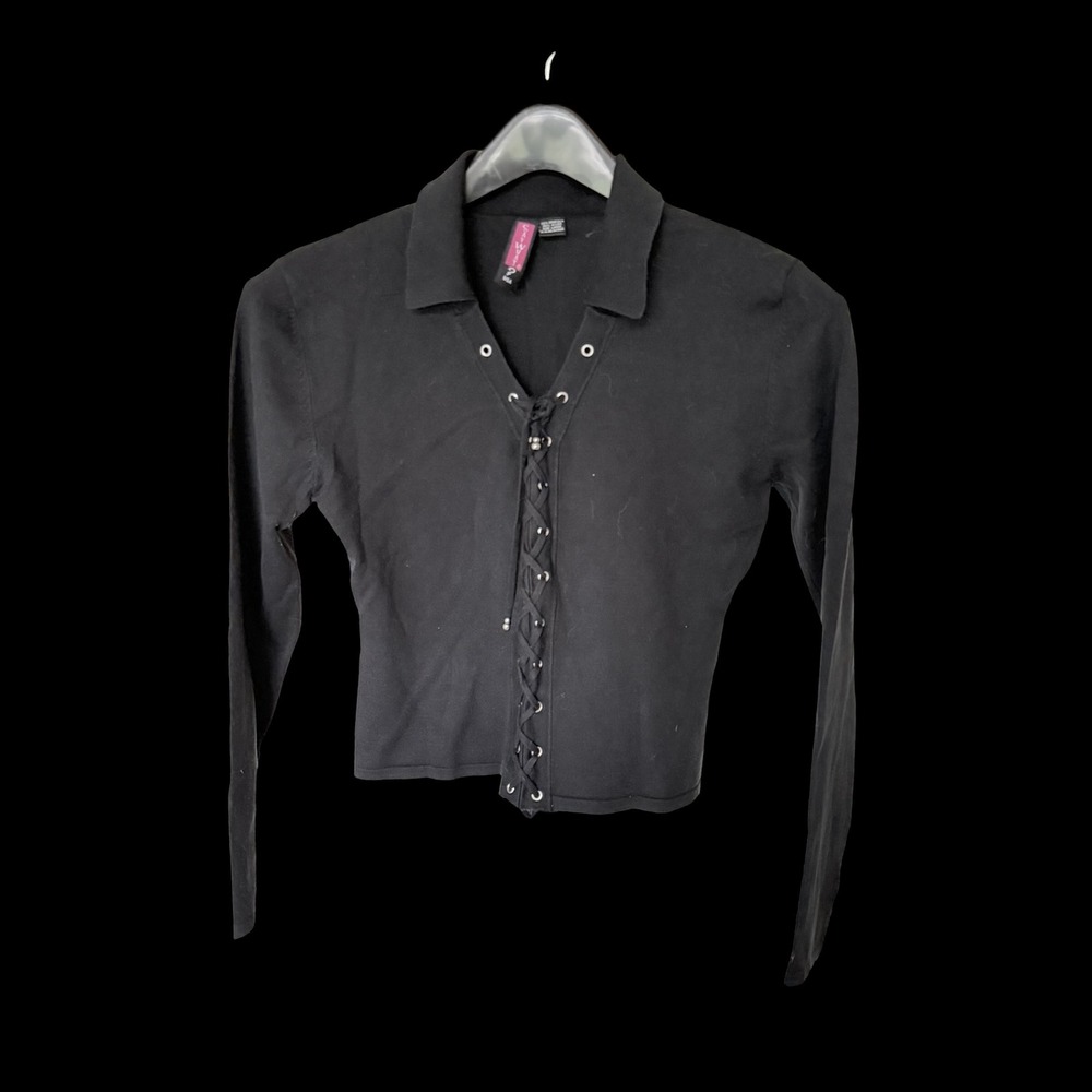Y2K‎ Say What? Black Silk Blend Lace Up Grommet Long Sleeve Top Large